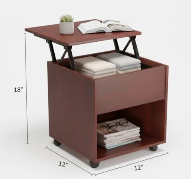 Small Liftop Table For Tea Coffee And Laptop Stand Sofa Side Table with Lift Feature and Storage Portable With Wheels Smart Furniture in Brown - image 4