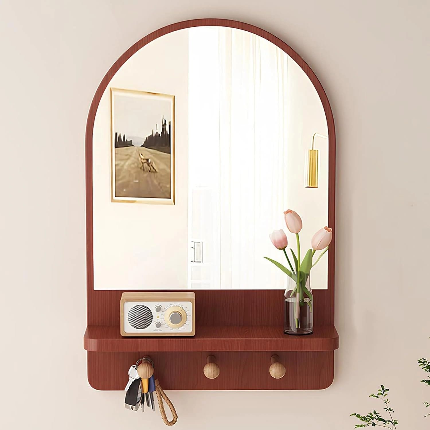 Domed Mirror Shelf Wooden Frame Wall Mirror Arched Wall Mount Decorative Storage Vanity Mirror for Bedroom Entrance Living Room Hallway 30x50cm - image 1