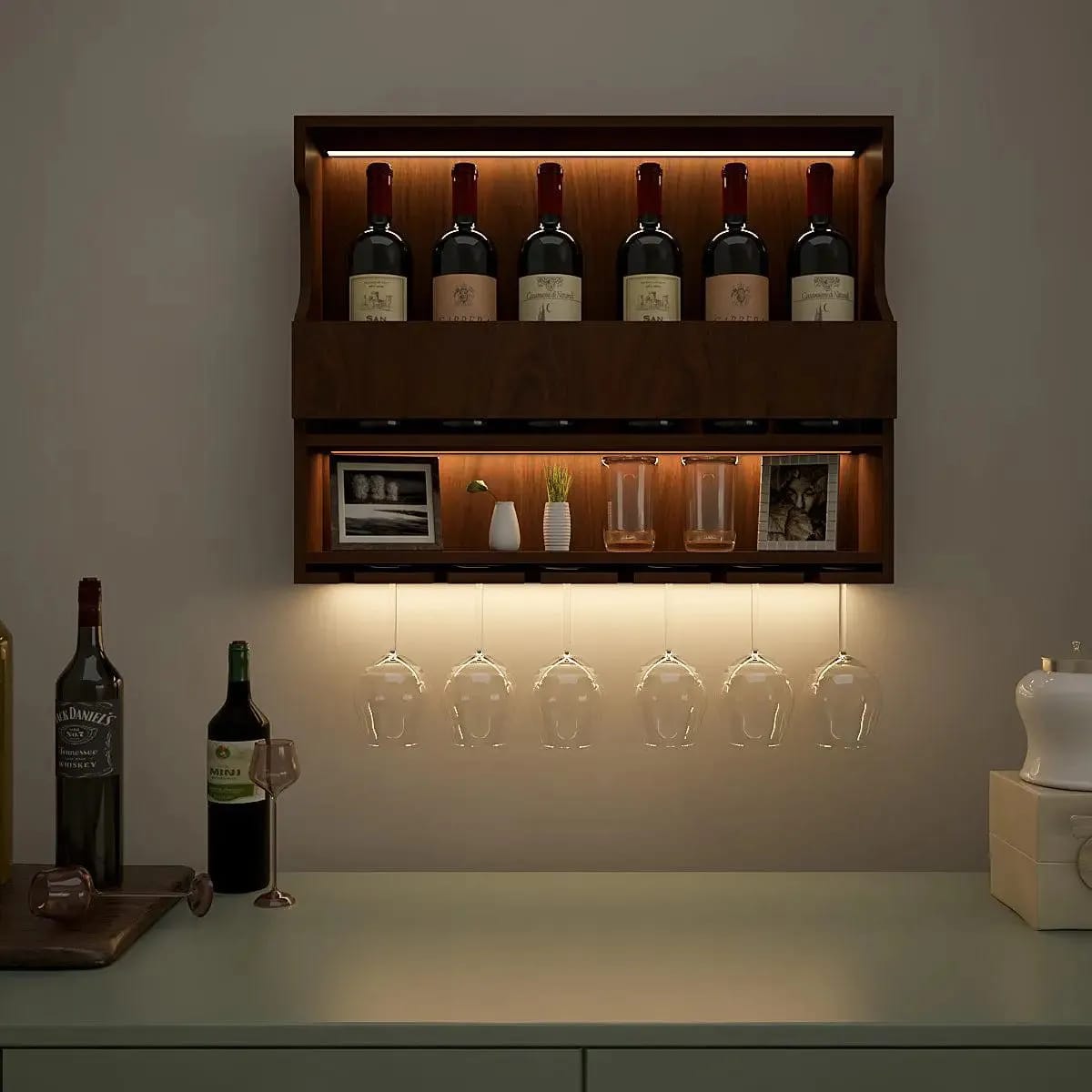 Big Wine And Drinks Decorative Wooden Wall Shelf Mini Bar Cabinet With LED Strong and Wall Hanging in Walnut Finish - image 2
