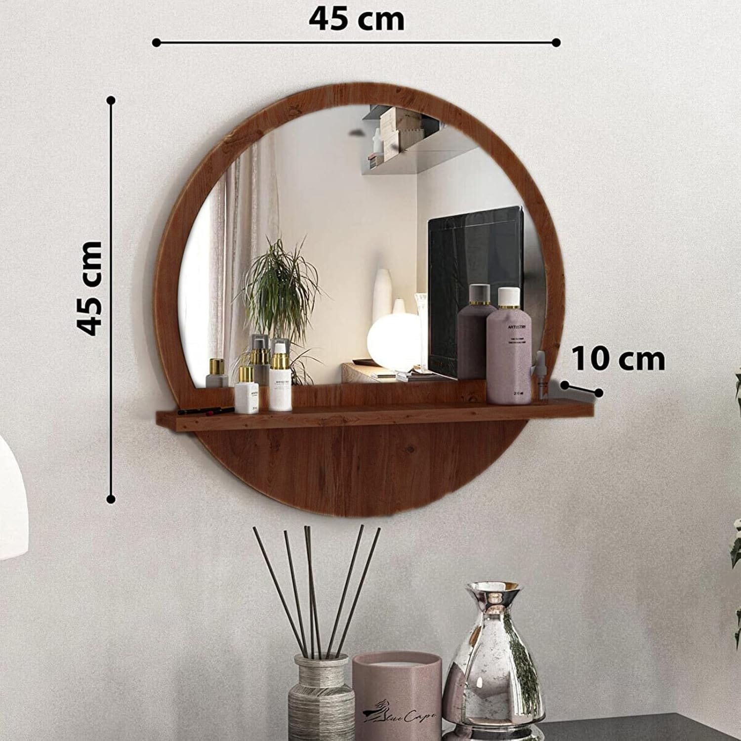 Moon Mirror Shelf Round Decorative Wall Mirror With Wooden Shelf 45 x 45 cm, Hallway Mirror, for Bedroom, Living Room, Home, Bathroom, Easy to Assemble in Walnut Brown - image 2