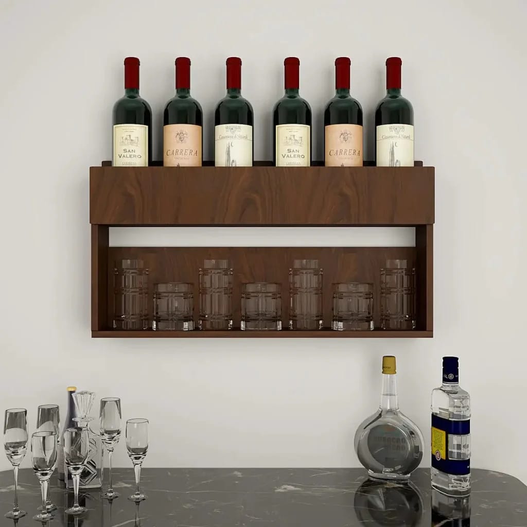 Wine And Drinks Decorative Wooden Wall Shelf Mini Bar Cabinet With LED Strong and Wall Hanging in Walnut Finish - image 1