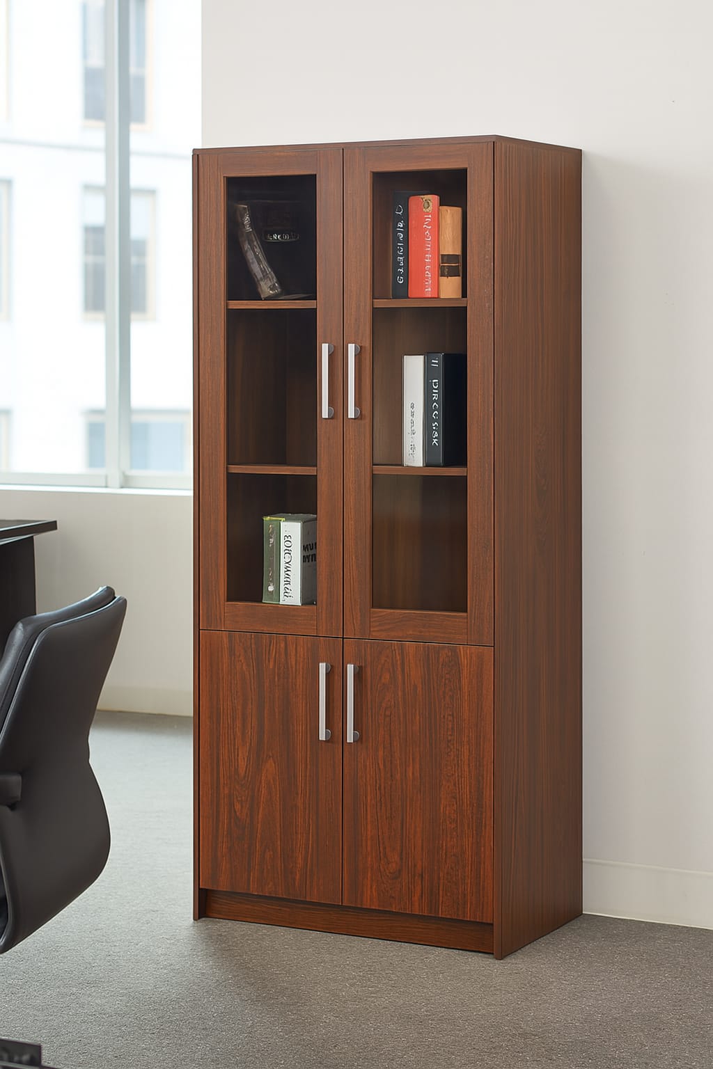 Office Filling Cabinet Daraz Big Size Four Door With Glassl Multiple Layer Shelf Fully Wooden Strong and Beautiful With Laminated Walnut Color - image 2
