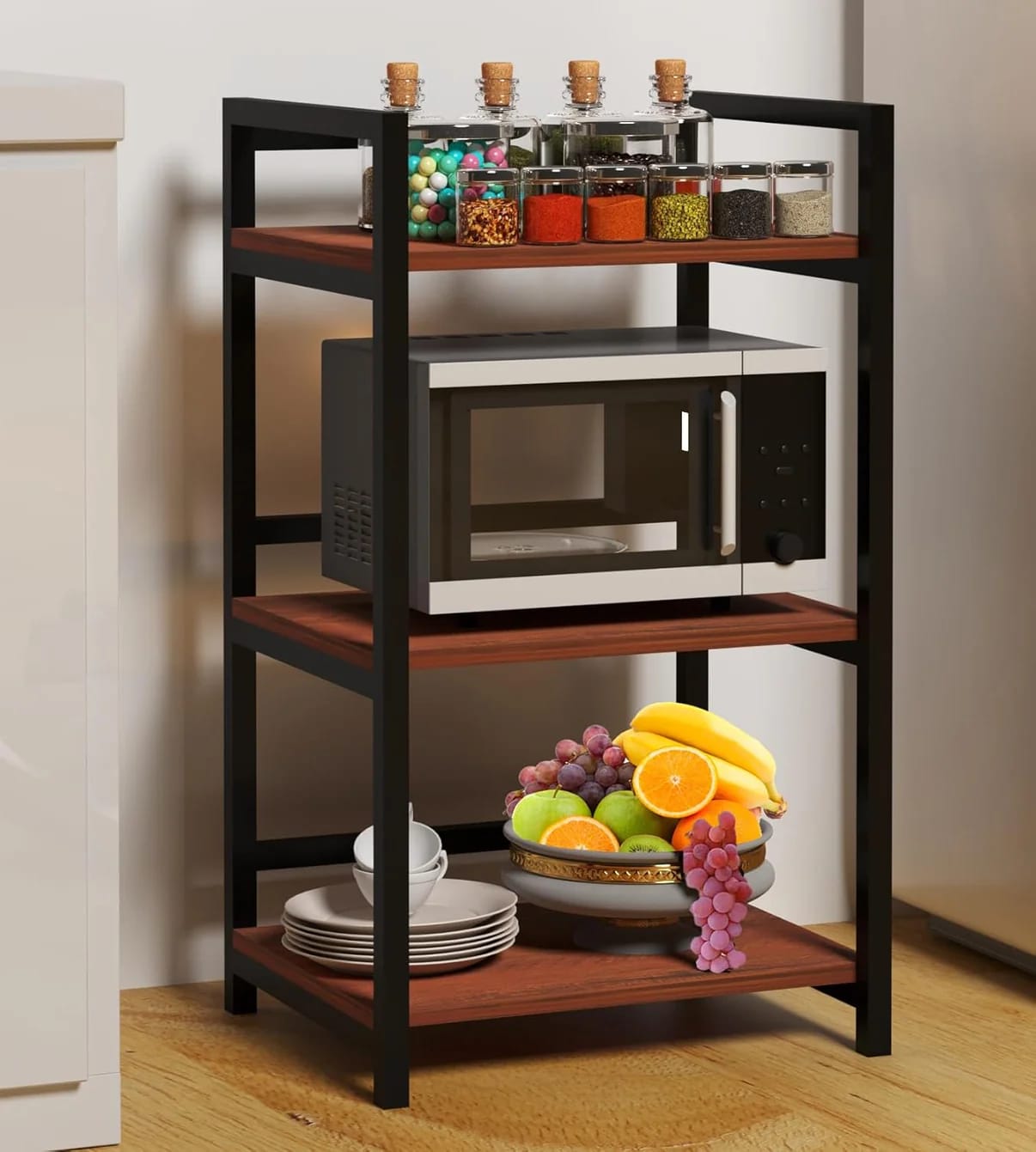 3 Layer Metal Kitchen Storage Rack Oven and Accessories Vegetable Storage Strong Metal Rack Kitchen Organizer Furniture in Black and Brown 35inch Height - image 3