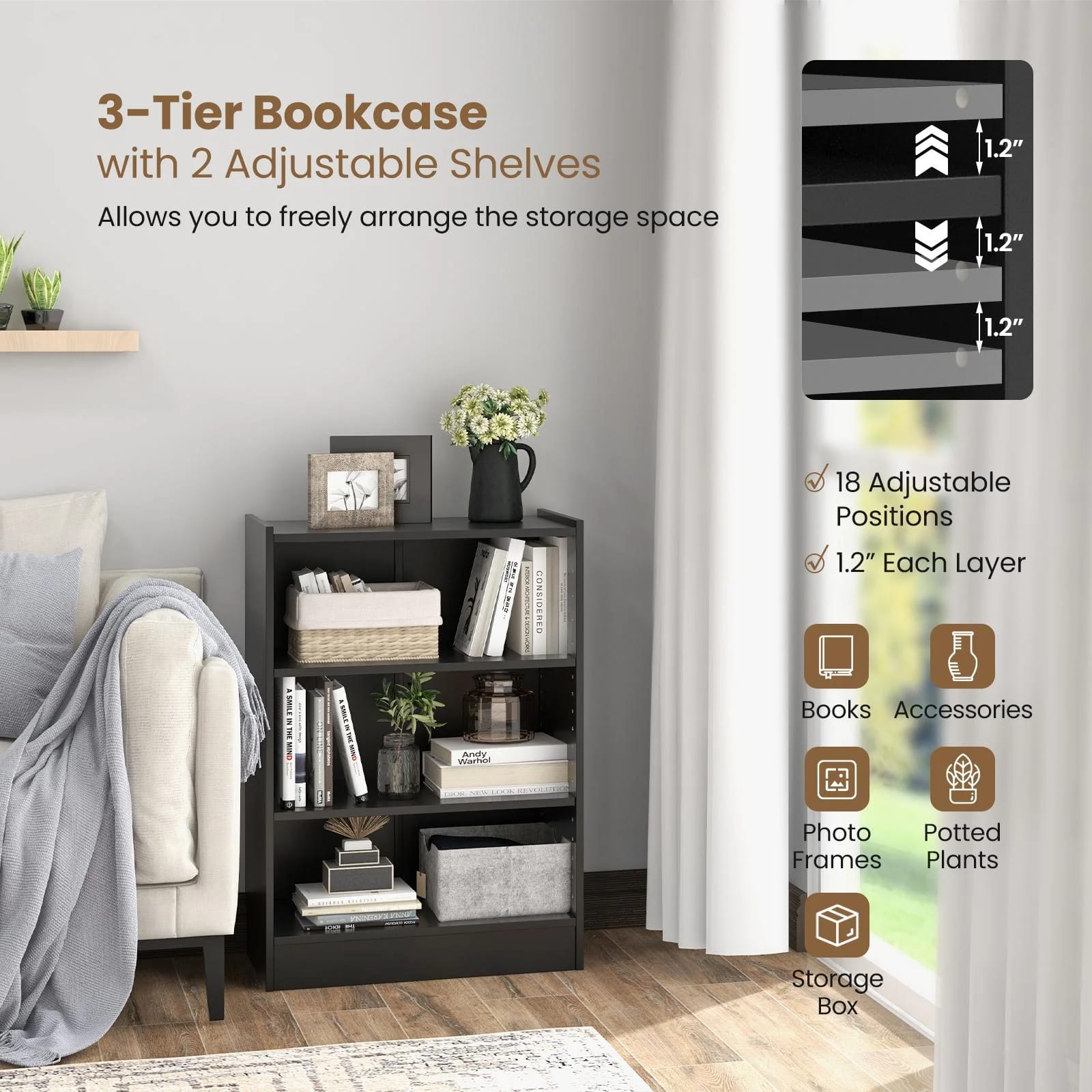 2 Tier and 3-Tier Simple Multipurpose Open Rack For Storage at Home and Office, Large Space with Multiple Compartment Book Shelf in Black - image 2