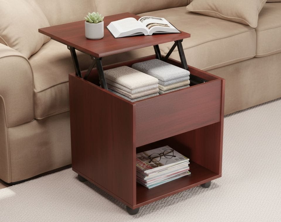 Small Liftop Table For Tea Coffee And Laptop Stand Sofa Side Table with Lift Feature and Storage Portable With Wheels Smart Furniture in Brown - image 1