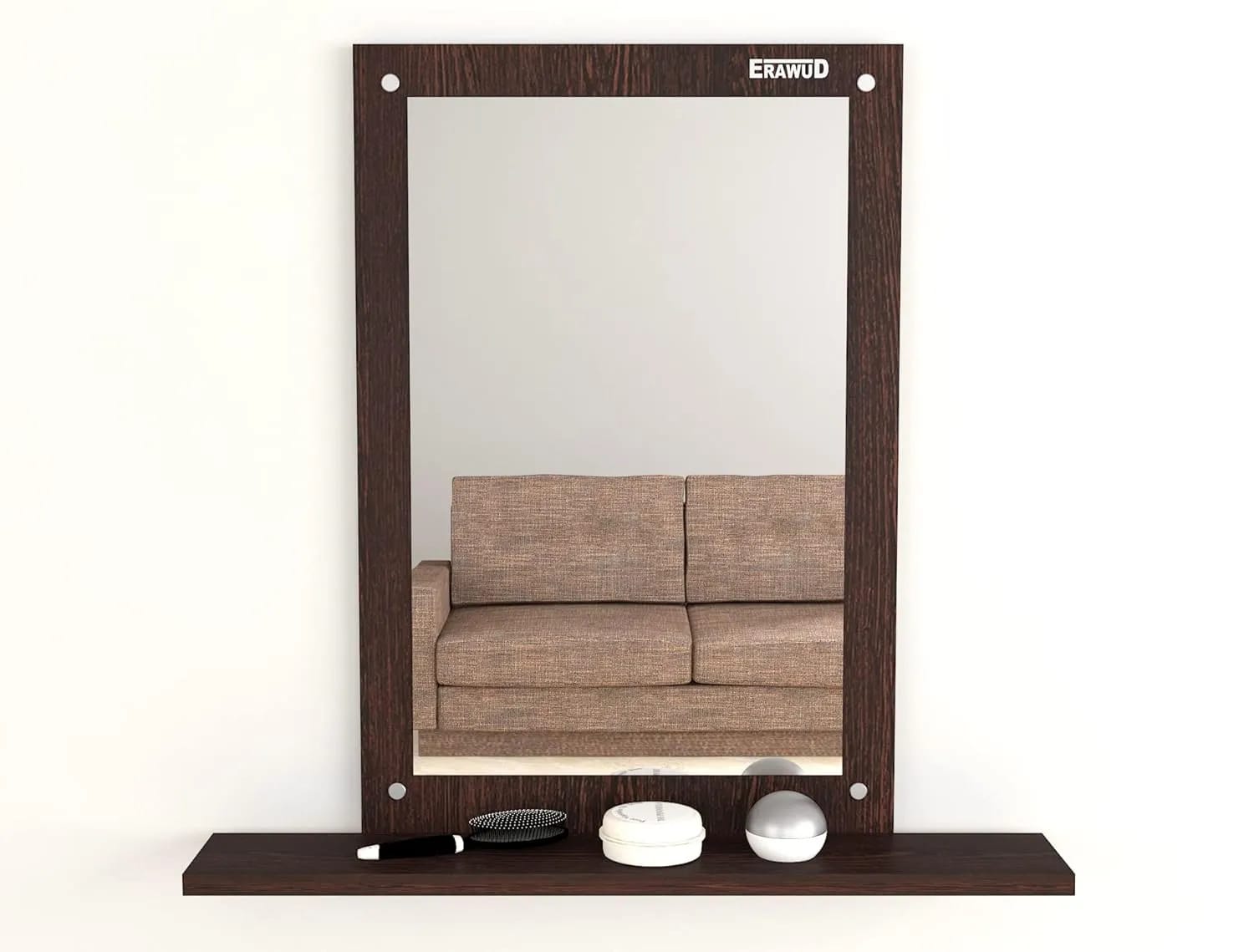 Marriot Dressing Mirror Simple Rectangular Wooden Wall Mirror With Shelves Space-Saving For Bedroom, Living Room, Washroom, Bedroom In Brown - image 1