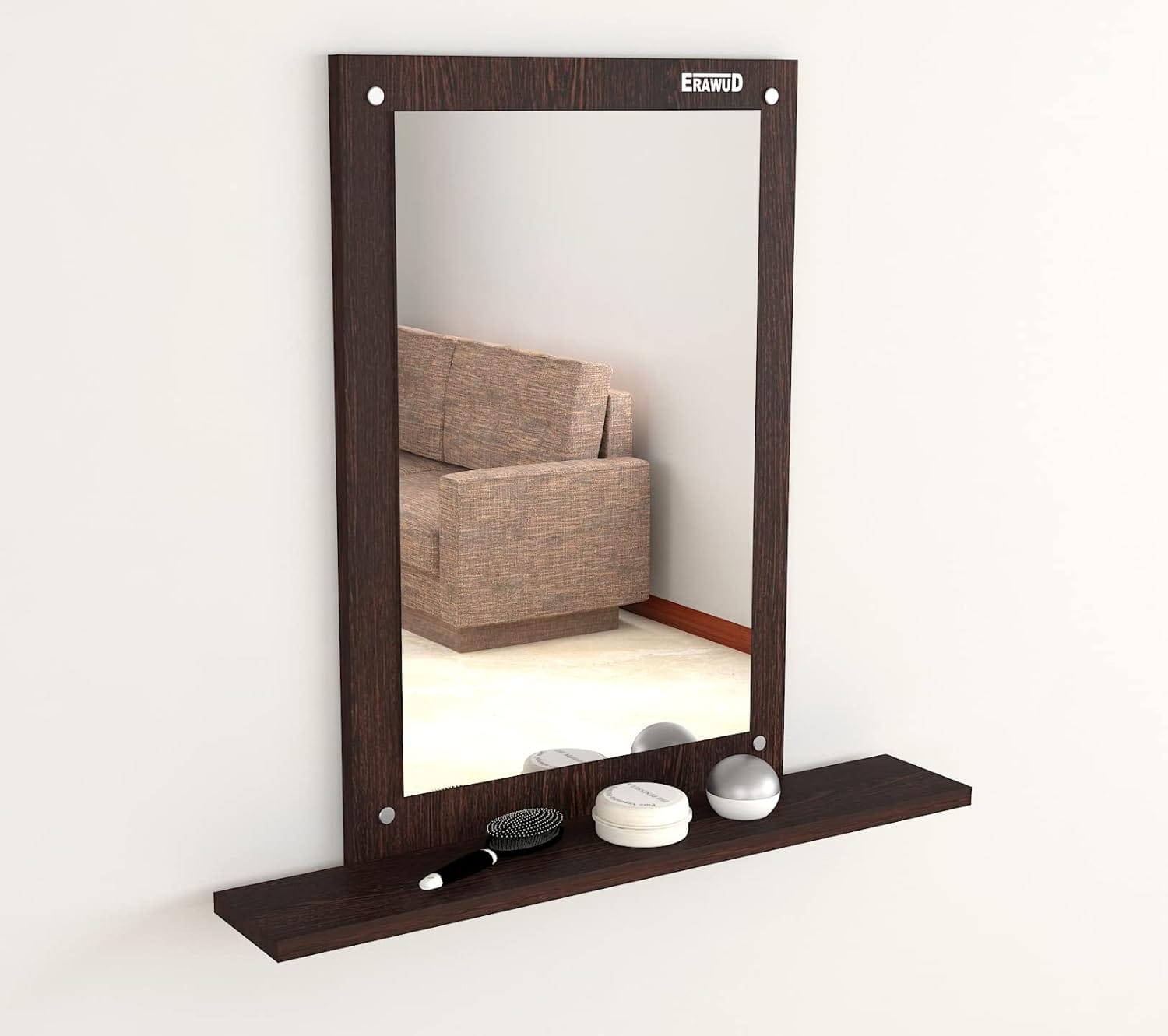Marriot Dressing Mirror Simple Rectangular Wooden Wall Mirror With Shelves Space-Saving For Bedroom, Living Room, Washroom, Bedroom In Brown - image 2