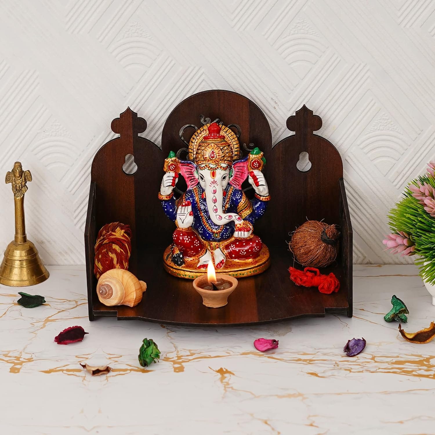 Idol Holder Small Wooden Table And Wall Hanging Puja Murti Stand for Worship Devghar for Home, Cafe, Office or Shop in Brown - image 1