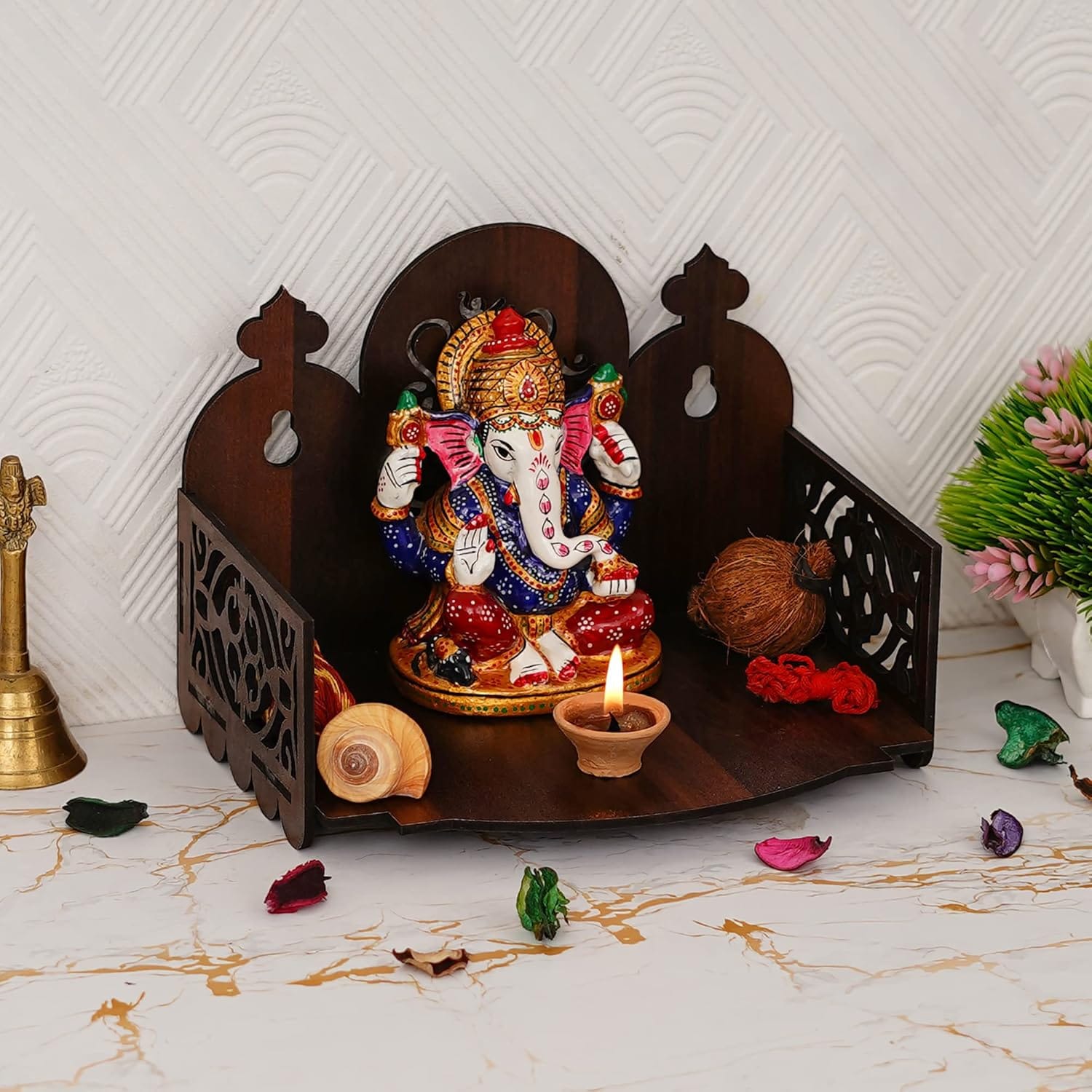 Idol Holder Small Wooden Table And Wall Hanging Puja Murti Stand for Worship Devghar for Home, Cafe, Office or Shop in Brown - image 2