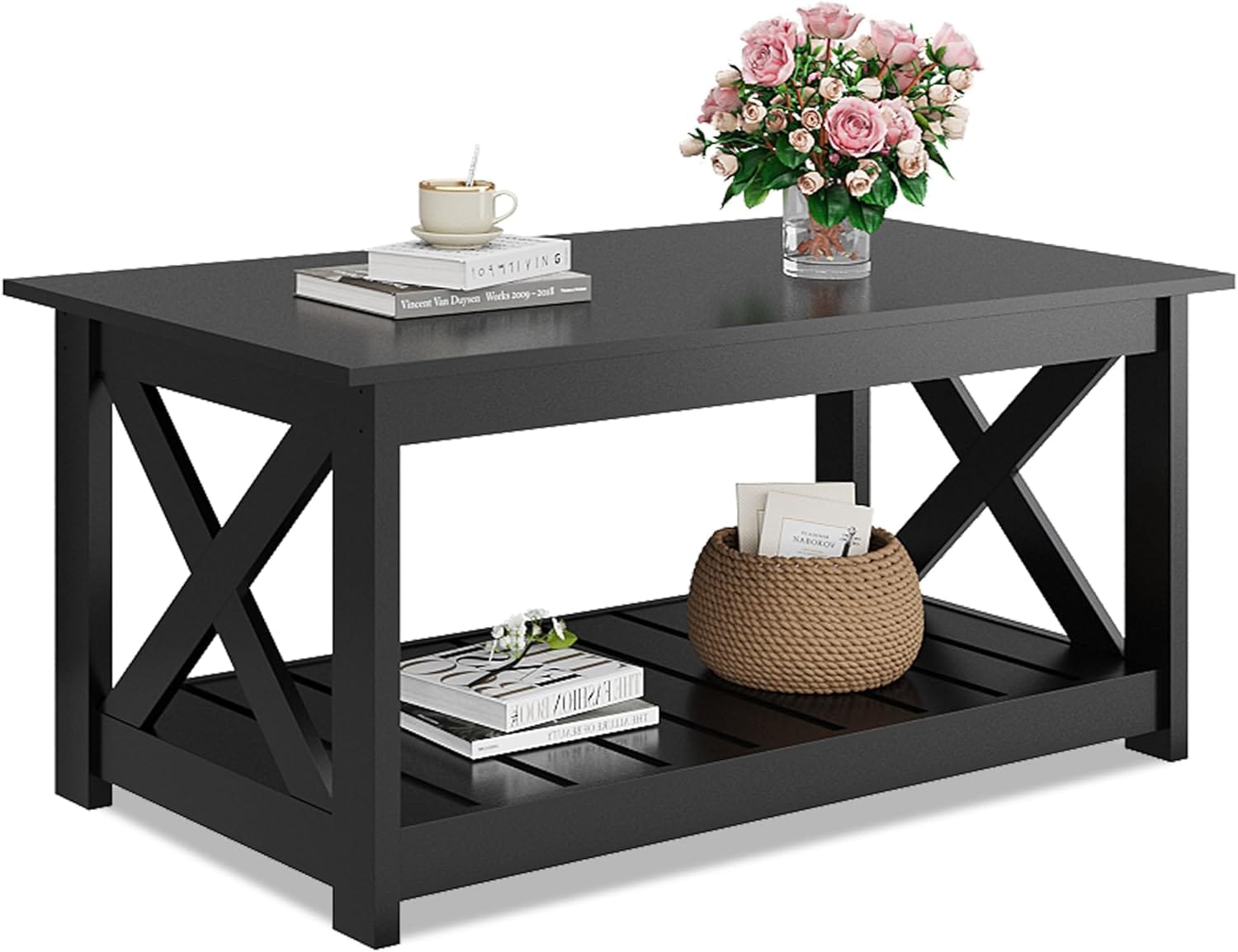 Black Cross Coffee Table for Living Room, 40" Center Table with X-Frame Support & Storage Shelf, 2-Tier Wood Coffee Tables for Bedroom - image 1