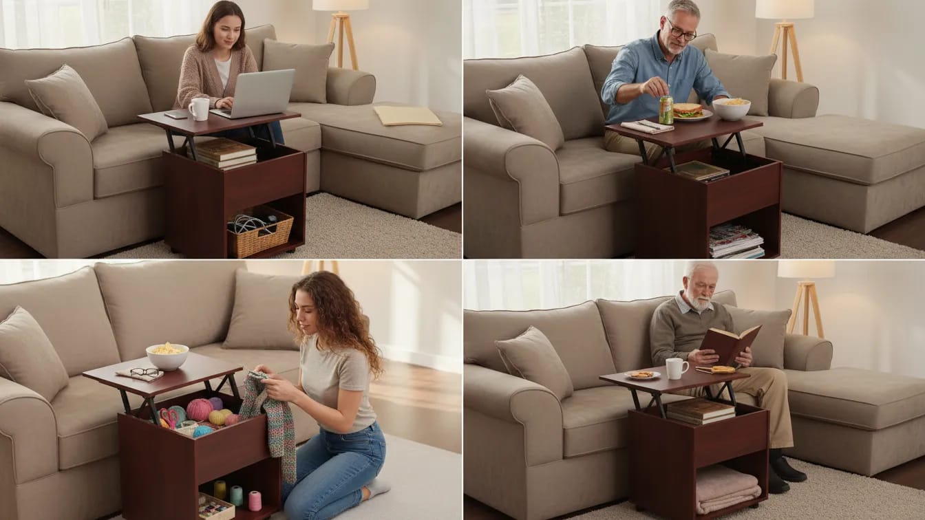Small Liftop Table For Tea Coffee And Laptop Stand Sofa Side Table with Lift Feature and Storage Portable With Wheels Smart Furniture in Brown - image 2