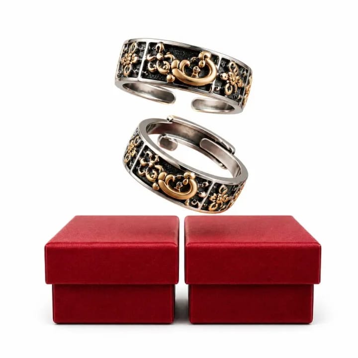 Elegant Adjustable Couple Rings(2pair) designed to symbolize love, connection, and togetherness. Featuring an intricate silver-and-gold ornamental design - image 1