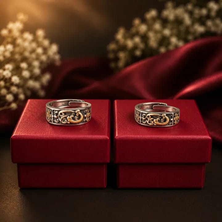 Elegant Adjustable Couple Rings(2pair) designed to symbolize love, connection, and togetherness. Featuring an intricate silver-and-gold ornamental design - image 2
