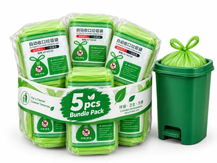 Automatic Closing Garbage Bags,Self-Tie Drawstring Trash Bags,Lime Green - 5 Roll - image 3