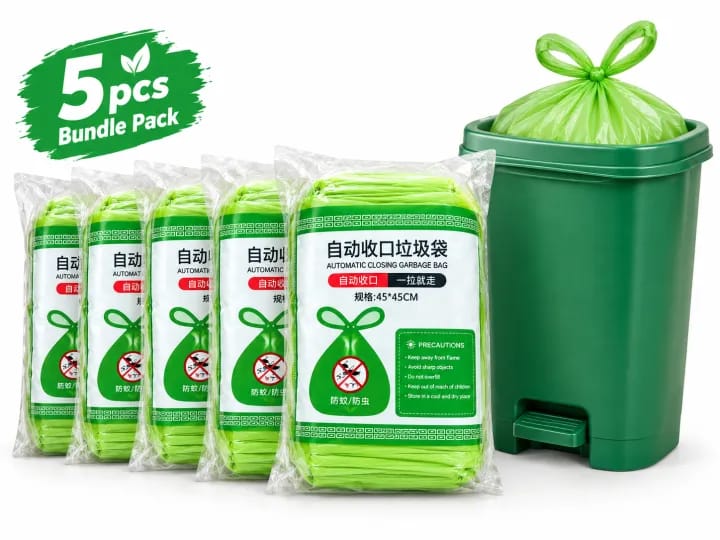 Automatic Closing Garbage Bags,Self-Tie Drawstring Trash Bags,Lime Green - 5 Roll - image 2