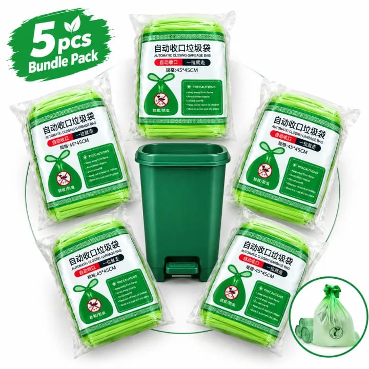 Automatic Closing Garbage Bags,Self-Tie Drawstring Trash Bags,Lime Green - 5 Roll - image 4