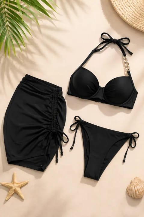 3-piece black and Pink bikini set, halter-style bikini top, matching tie-side bikini bottom, and a stylish ruched cover-up skirt. - image 1