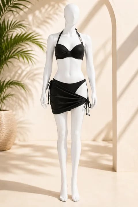 3-piece black and Pink bikini set, halter-style bikini top, matching tie-side bikini bottom, and a stylish ruched cover-up skirt. - image 3