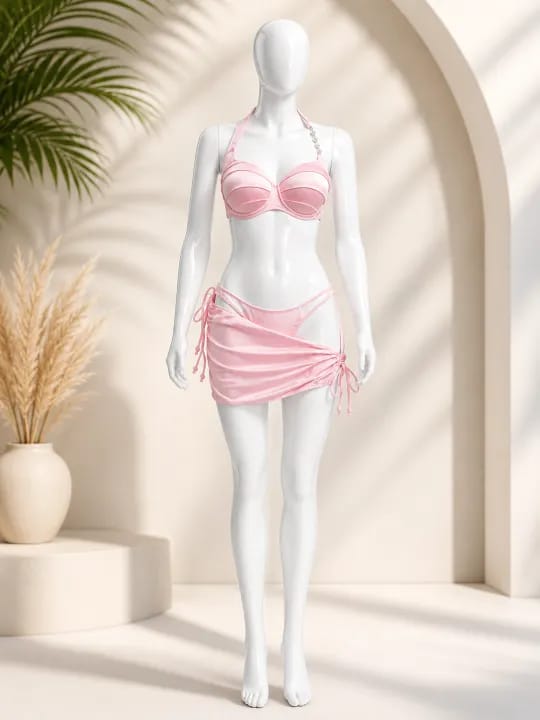 3-piece black and Pink bikini set, halter-style bikini top, matching tie-side bikini bottom, and a stylish ruched cover-up skirt. - image 5