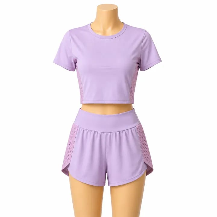 Women’s 2-Piece Lavender Crop Top & Shorts Set – Sporty Activewear,Lightweight Stretch Fabric, workouts, casual outings, yoga, running, and everyday activewear - image 3