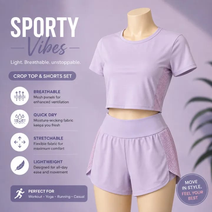 Women’s 2-Piece Lavender Crop Top & Shorts Set – Sporty Activewear,Lightweight Stretch Fabric, workouts, casual outings, yoga, running, and everyday activewear - image 4