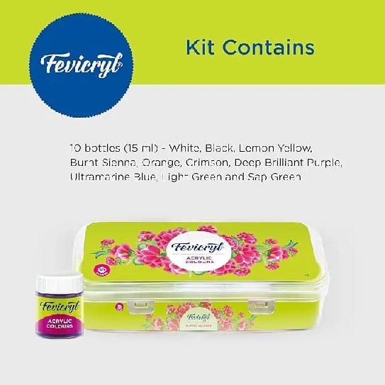 Fevicryl Acrylic Colours Sunflower Kit (10 Colors X 15 Ml) DIY Paint, Rich Pigment, Non-Craking Paint For Canvas, Wood, Leather, Earthenware, Metal - image 2