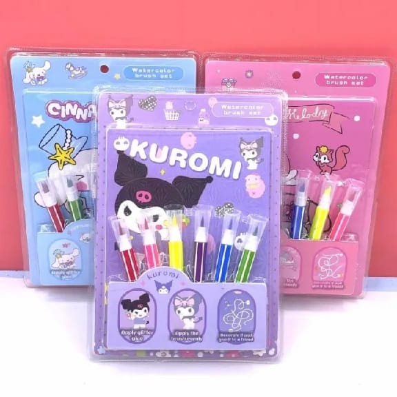 Sanrio Painting Set Watercolor Brush Set Pen Kuromi Dino Cartoon Character 6 Sheets Of Kuromi Coloring Paper - image 1