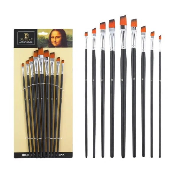 Flat Paint Brushes Set,9 PCS 0, 2, 4, 6, 8, 10, 12, 14, 16 Nylon Oblique Flat Tipped Paint Brushes Set Inclined Plane Wooden Long Handle Brush - image 1