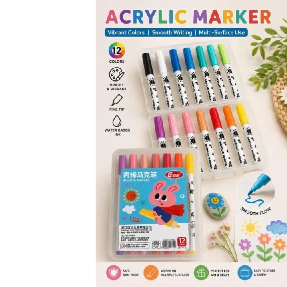 12-Color Acrylic Paint Markers Set – Water-Based Opaque Paint Pens For Kids, Students, And Adults DIY Crafts - image 1