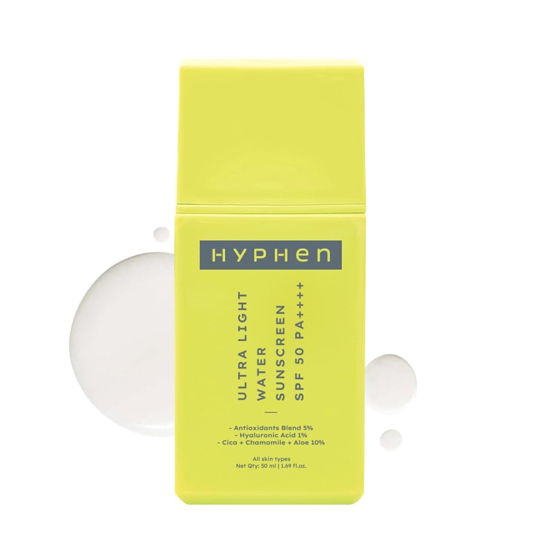Hyphen 1% Hyaluronic Ultra Light Water Sunscreen SPF 50 PA ++++ | Broad Spectrum & Blue Light Protection | No White Cast | 5% Antioxidants Niacinamide Vitamin E | Korean Sun cream for Men Women | 50ml - image 1