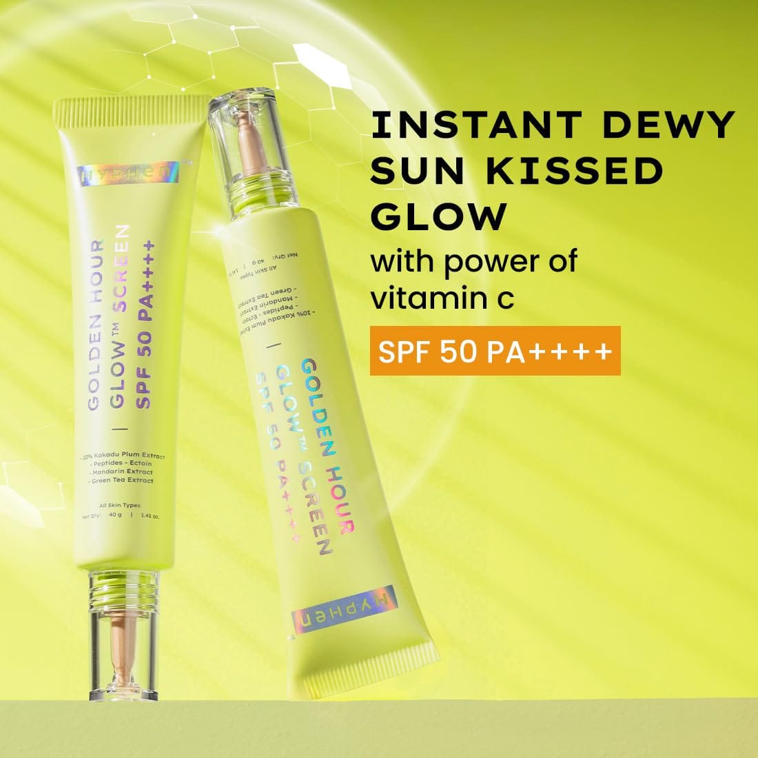 Hyphen Golden Hour Glow Tinted Sunscreen Spf 50 Pa++++ Dewy Glow & Bright Skin| Vitamin C Rich-10% Kakadu Plum & Peptides| Women Men|Lightweight & Non Greasy, Uv & Blue Light Protection|All Skin Types - 40G - image 2