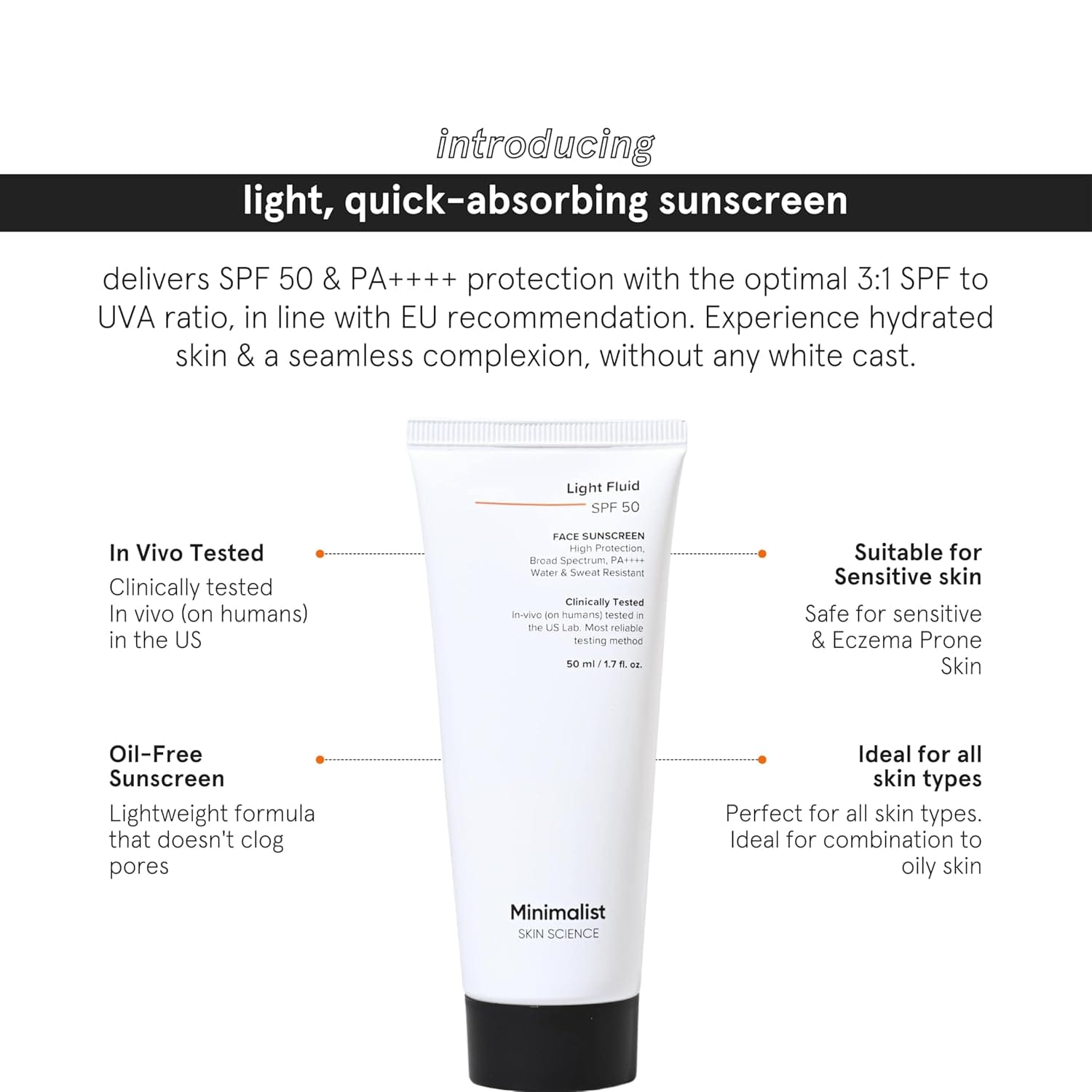 Minimalist Light Fluid Sunscreen SPF 50 for Oily Skin PA++++ | Clinically Tested in US| No White Cast | Broad Spectrum | Lightweight, Water & Sweat Resistant | For Women & Men | 50ml - image 2
