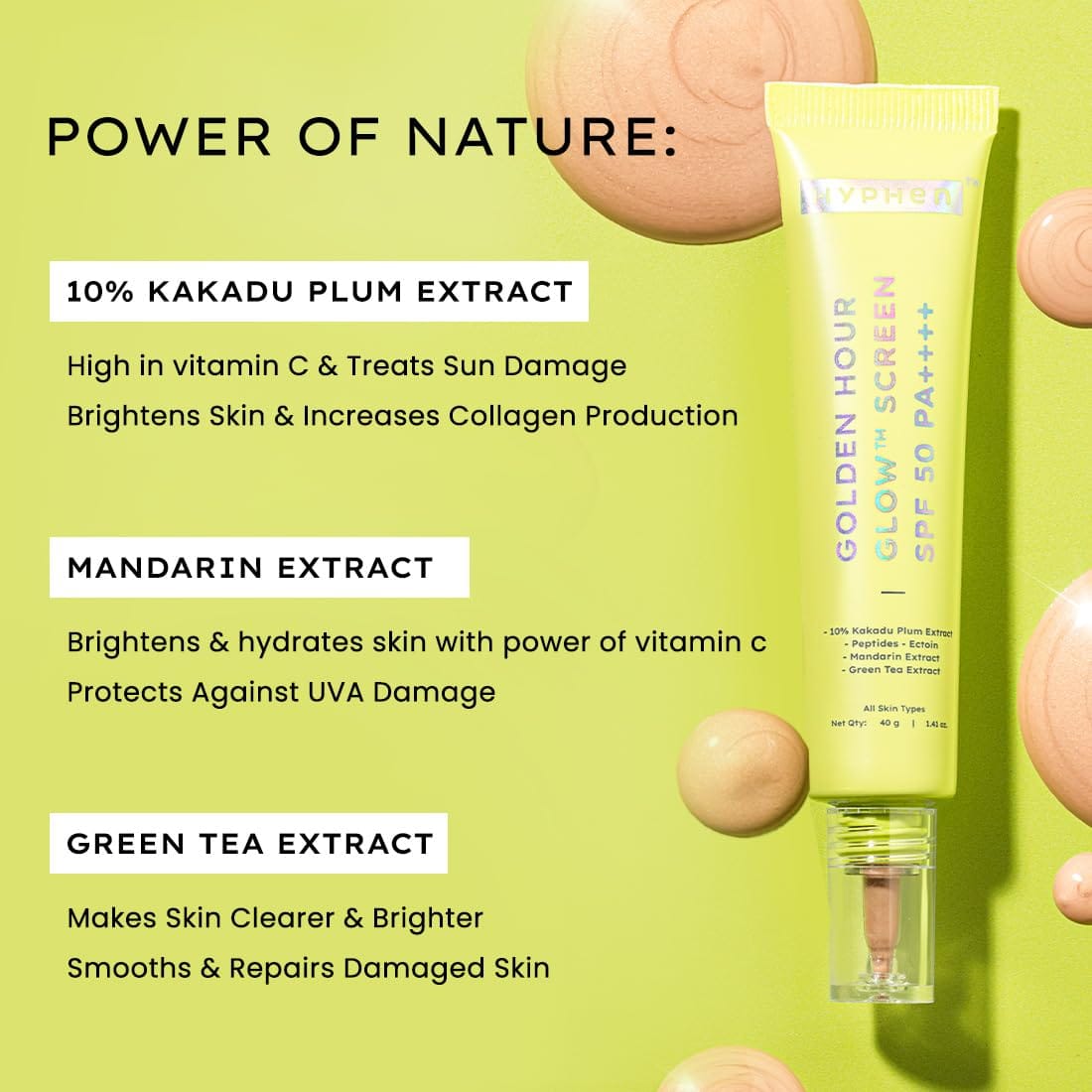 Hyphen Golden Hour Glow Tinted Sunscreen Spf 50 Pa++++ Dewy Glow & Bright Skin| Vitamin C Rich-10% Kakadu Plum & Peptides| Women Men|Lightweight & Non Greasy, Uv & Blue Light Protection|All Skin Types - 40G - image 4