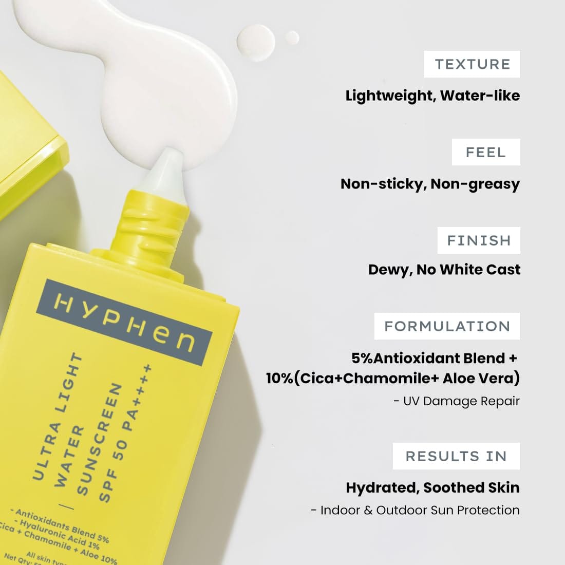 Hyphen 1% Hyaluronic Ultra Light Water Sunscreen SPF 50 PA ++++ | Broad Spectrum & Blue Light Protection | No White Cast | 5% Antioxidants Niacinamide Vitamin E | Korean Sun cream for Men Women | 50ml - image 3