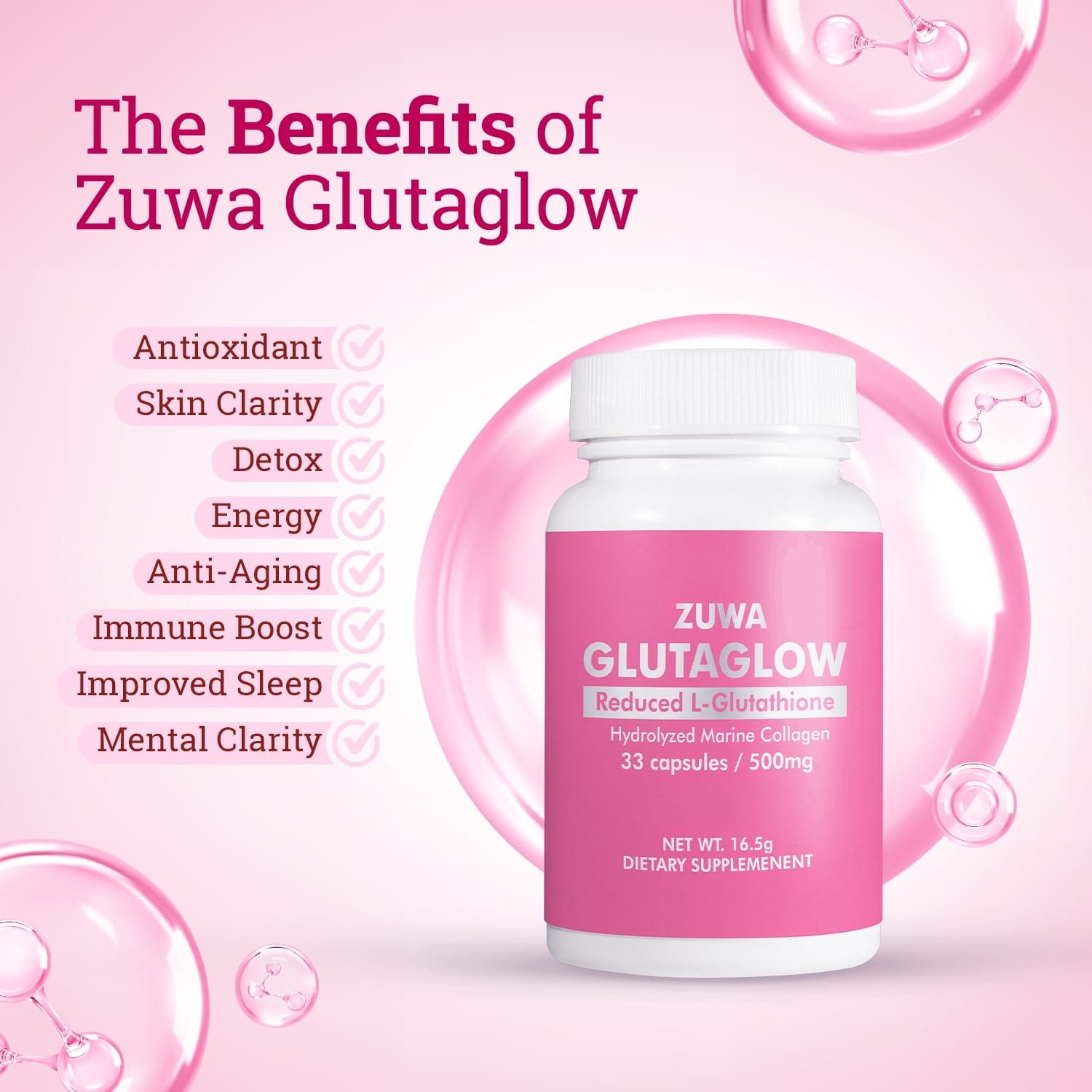 Zuwa Cosmetics Gluta Glow Capsule | Reduced L - Glutathione | 33 capsules | Co||agen Production and whitens and brightens the skin | 16.5g - by Zuwa Cosmetics - image 2