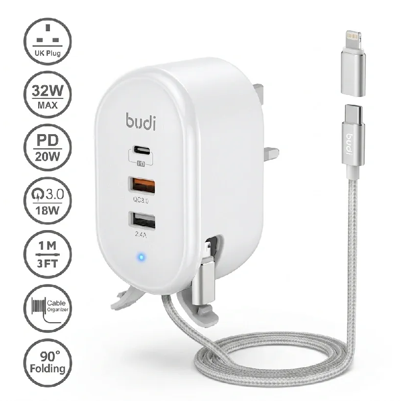Budi AC312TVW 32W Fast Wall Charger With Type-C Cable & Lightning Adapters - image 1
