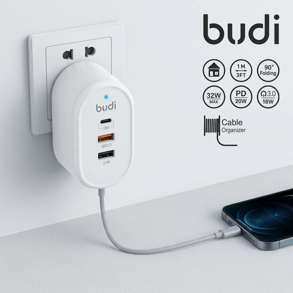 Budi AC312TVW 32W Fast Wall Charger With Type-C Cable & Lightning Adapters - image 2