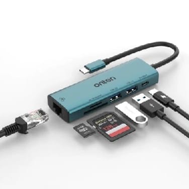 Onten UC122 6 In 1 USB-C / Type-C To SD + TF Card + USB 3.0 HUB With 5V Input & 100Mbps Network Card - image 1