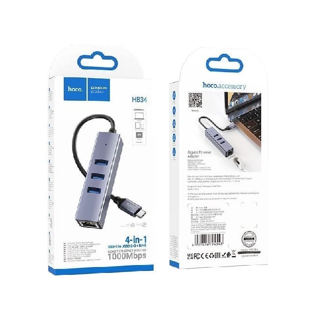 Hoco HB34 Type C To 4 (USB 3.0*3+RJ45) Gigabyte Adapter - image 3