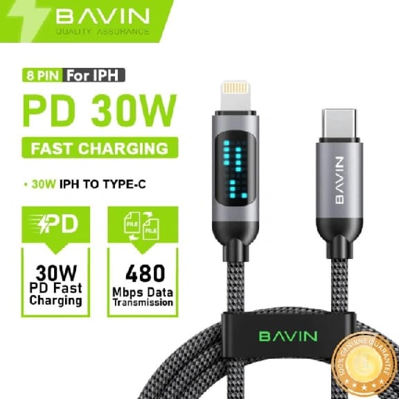 BAVIN CB377 1M PD Fast Charging Data Cable 30W With LED Display Nylon Braided
