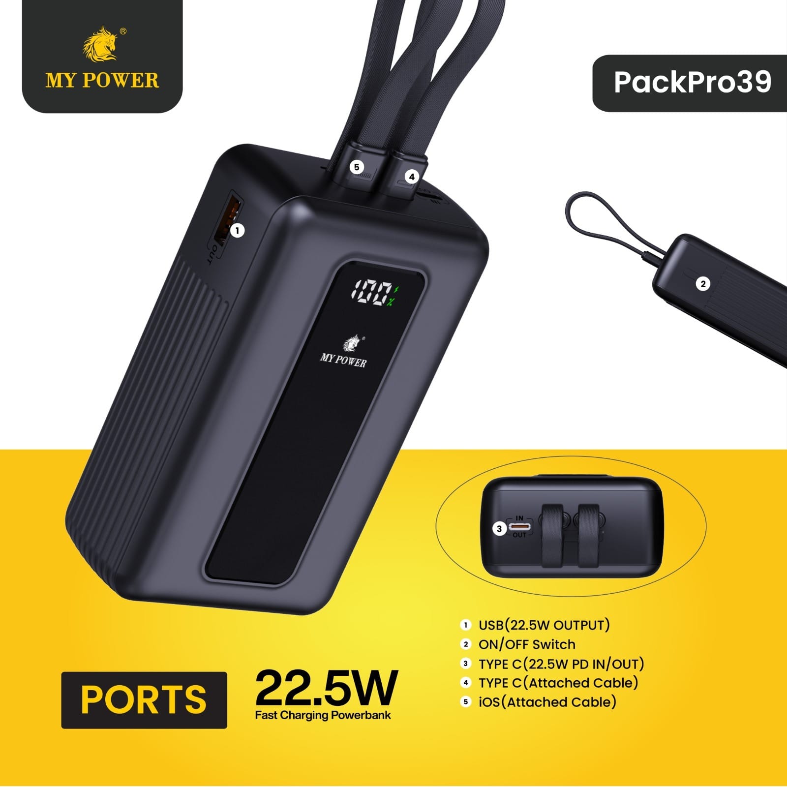 MY POWER Packpro 39 30000mAh Ultra-High Capacity 22.5W Fast Charging Power Bank With Built-In Lanyard Cables - image 5