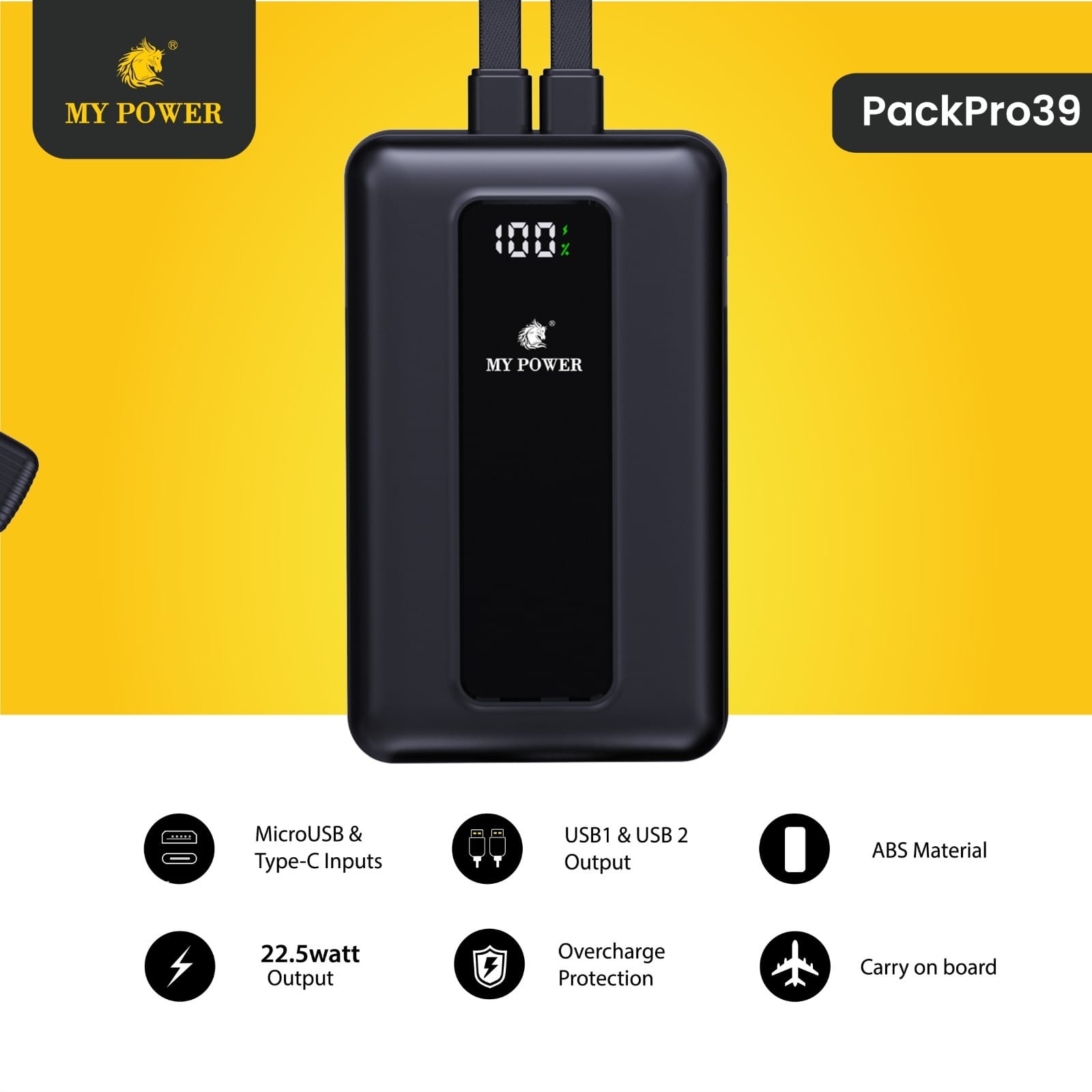 MY POWER Packpro 39 30000mAh Ultra-High Capacity 22.5W Fast Charging Power Bank With Built-In Lanyard Cables - image 2