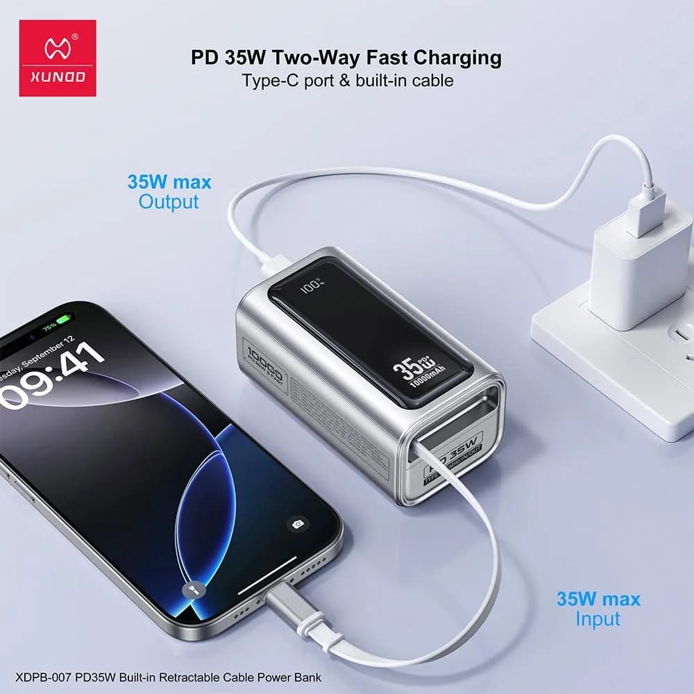 Xundd XDPB-007 10,000mAh PD 35W Compact Power Bank With Retractable Cable - image 2