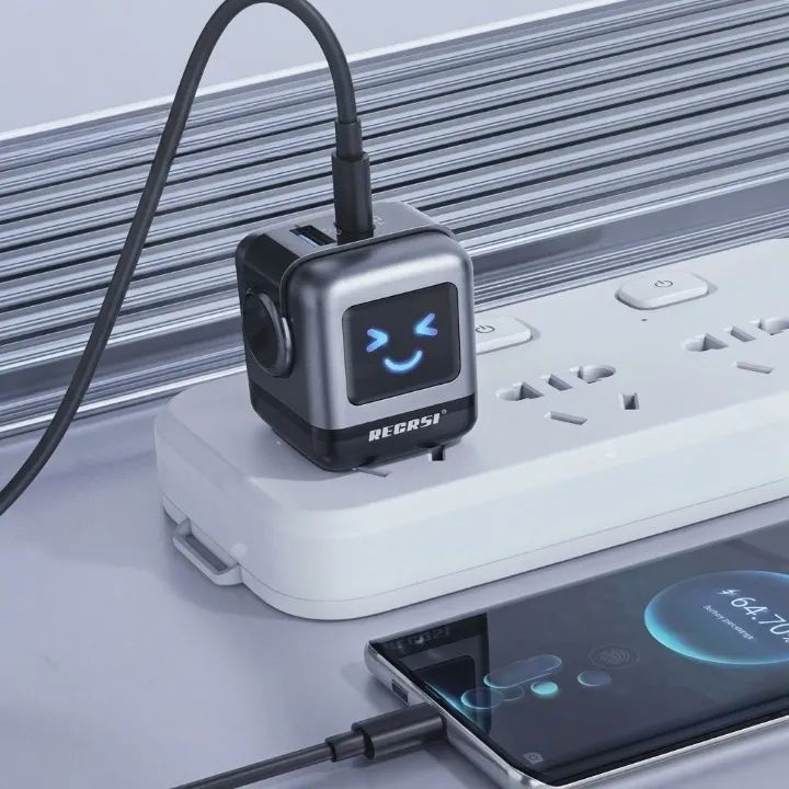 RECRSI P18 65W Smart Fast Charger With Smile LED Display (USB-A + Type-C Ports) - image 2