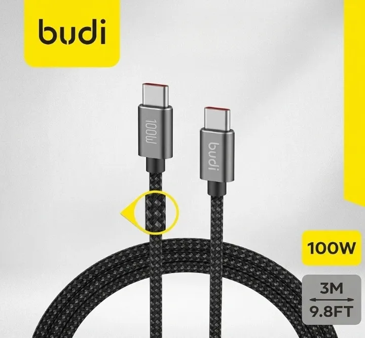 Budi DC22 3 Meter 100W PD Type-C To C Nylon Braided Data & Fast Charging Cable - image 1