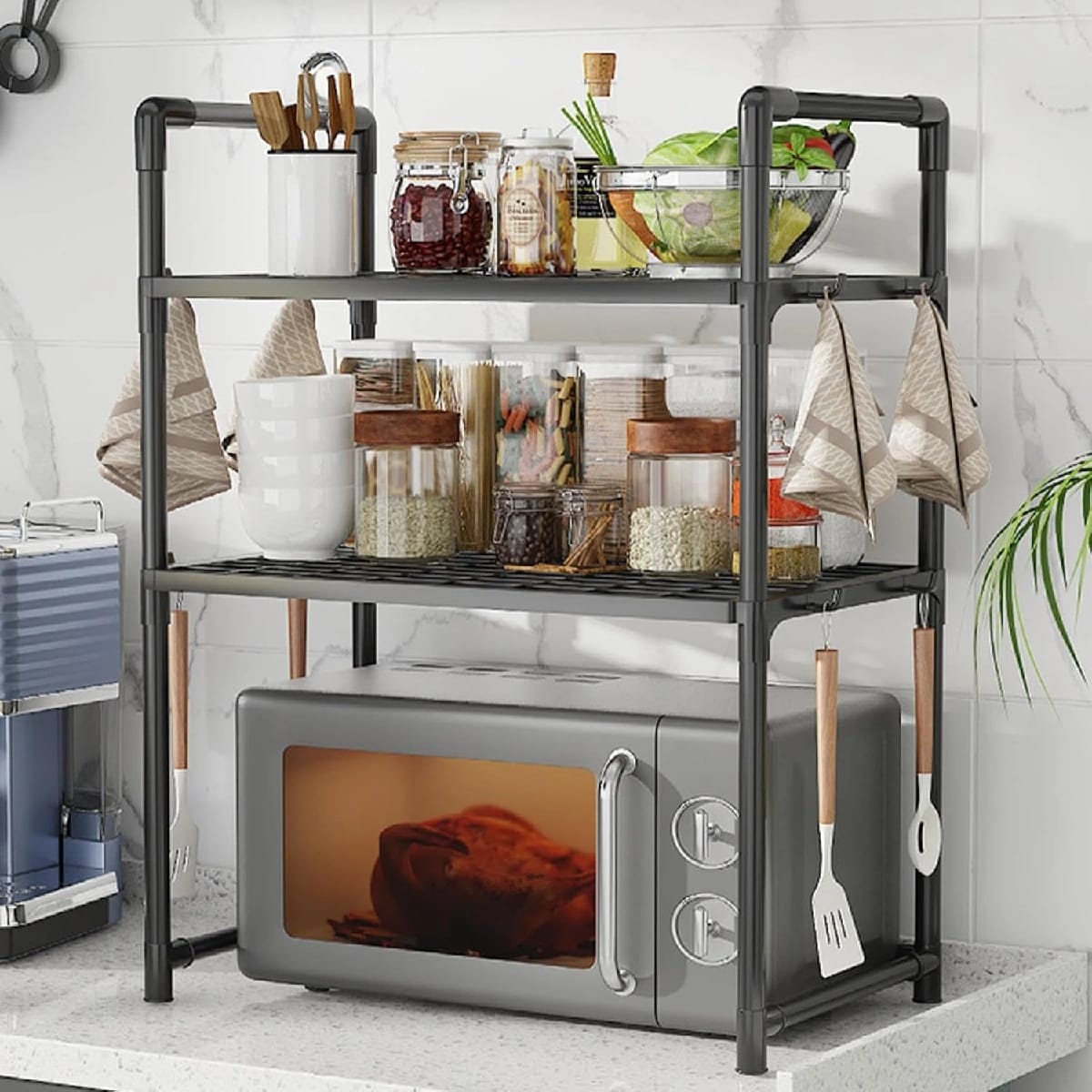 Adjustable Microwave Oven Rack & Counter Organizer – Multi-Functional Kitchen Storage Shelf With Hanging Hooks - image 1