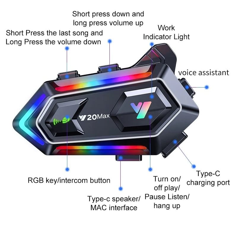 Y20 MAX Motorcycle Helmet Bluetooth Headset Intercom With Mixing V5.3 RGB IPX6 Waterproof - image 3
