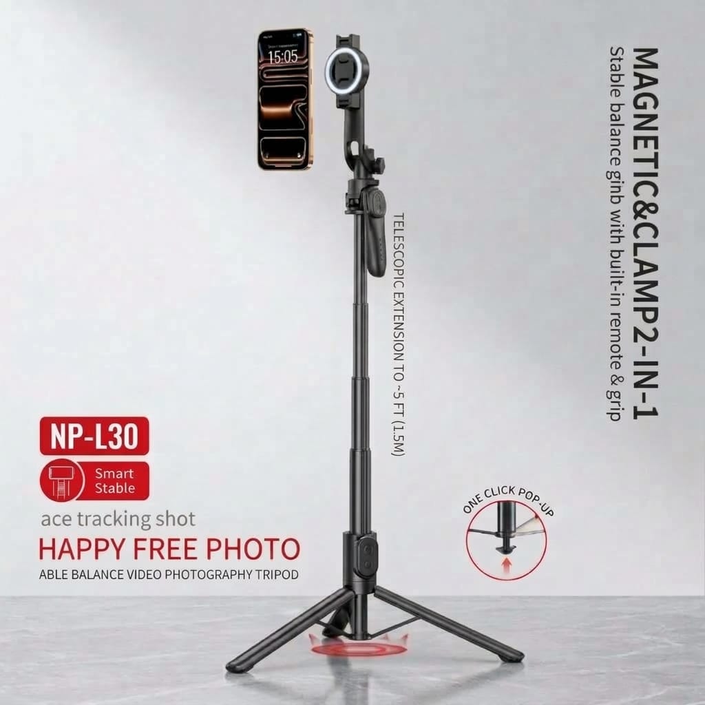 Neepho NP L30 2 In 1 Magnetic & Clamp Selfie Stick Tripod With Wireless Remote Control - image 3