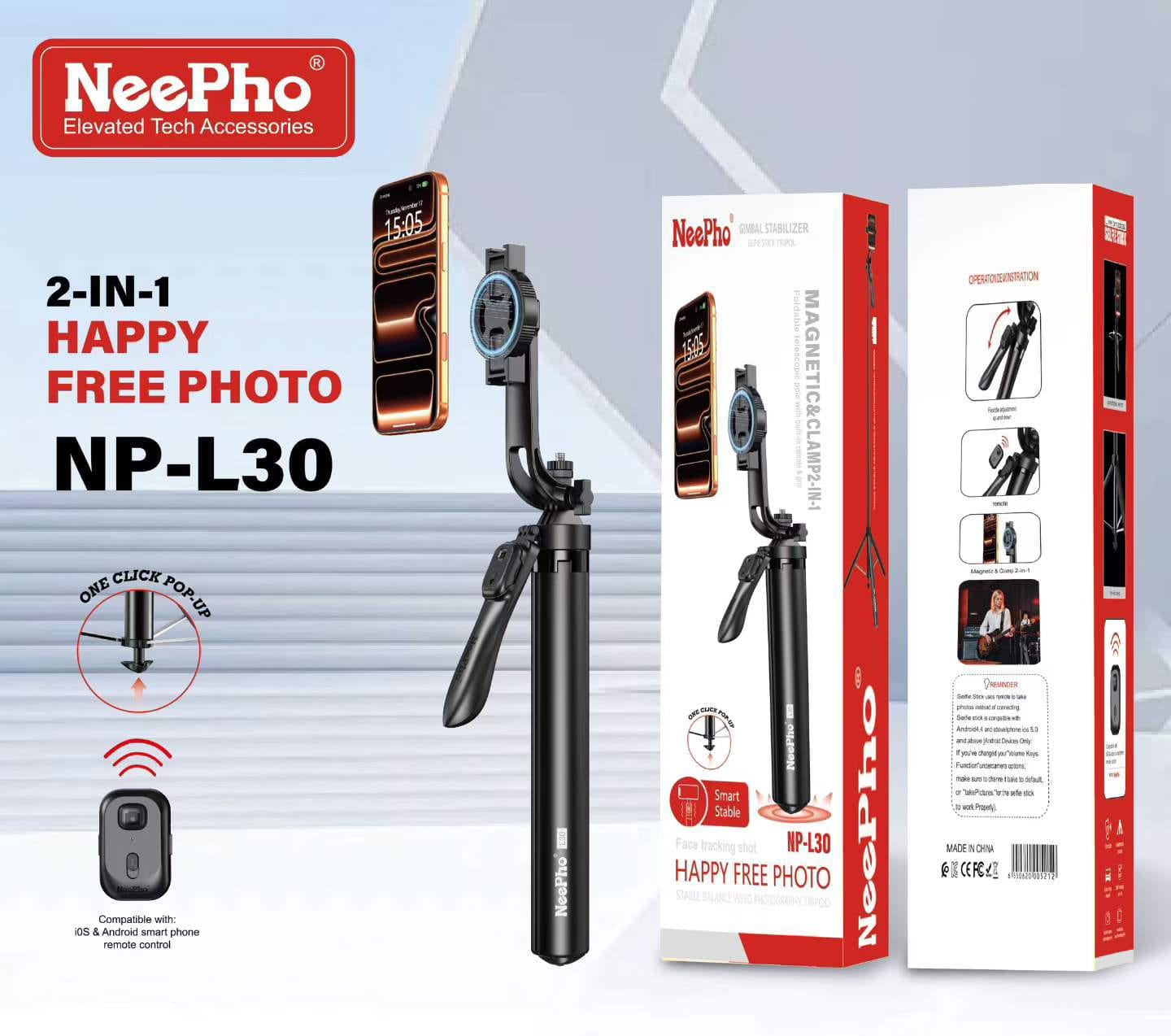 Neepho NP L30 2 In 1 Magnetic & Clamp Selfie Stick Tripod With Wireless Remote Control - image 4