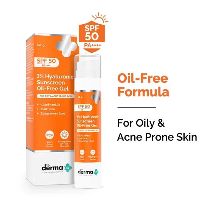 The Derma Co 1% Hyaluronic Sunscreen Oil Free Gel with SPF 50 & PA++++ | For Oily And Acne Prone Skin | 50g